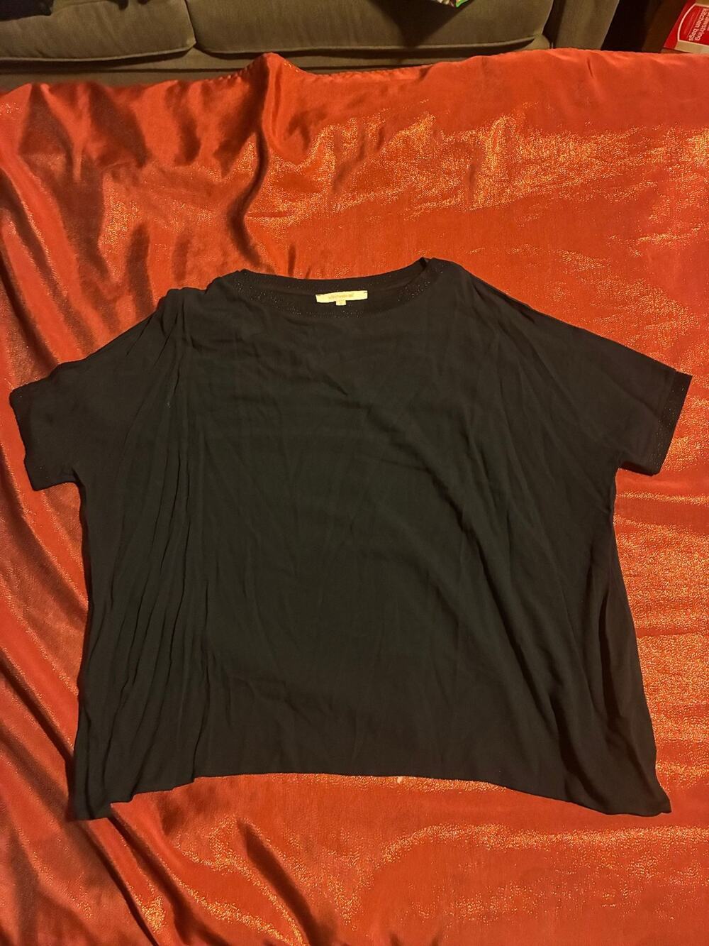 La Fee Maraboutee Top Womens S Black Short Sleeve Boat Neck Sparkle Trim Boxy